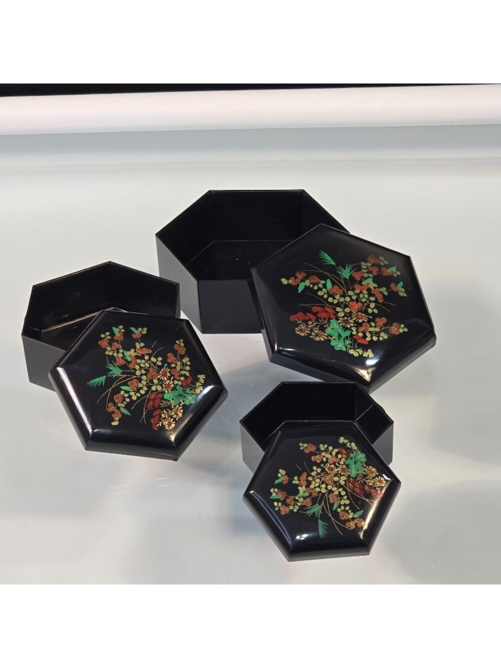 Vintage Set 3 Hexagonal Nesting Celluloid Floral Trinket Boxes Made in Hong Kong